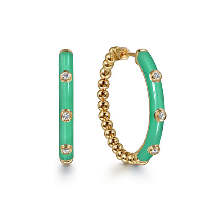 Enamel - 14K Yellow Gold Bujukan Beads and Diamond Split Classic Hoop with Mint Green Enamel