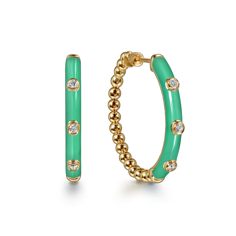 Enamel - 14K Yellow Gold Bujukan Beads and Diamond Split Classic Hoop with Mint Green Enamel - 0.18 ct - Shot 1