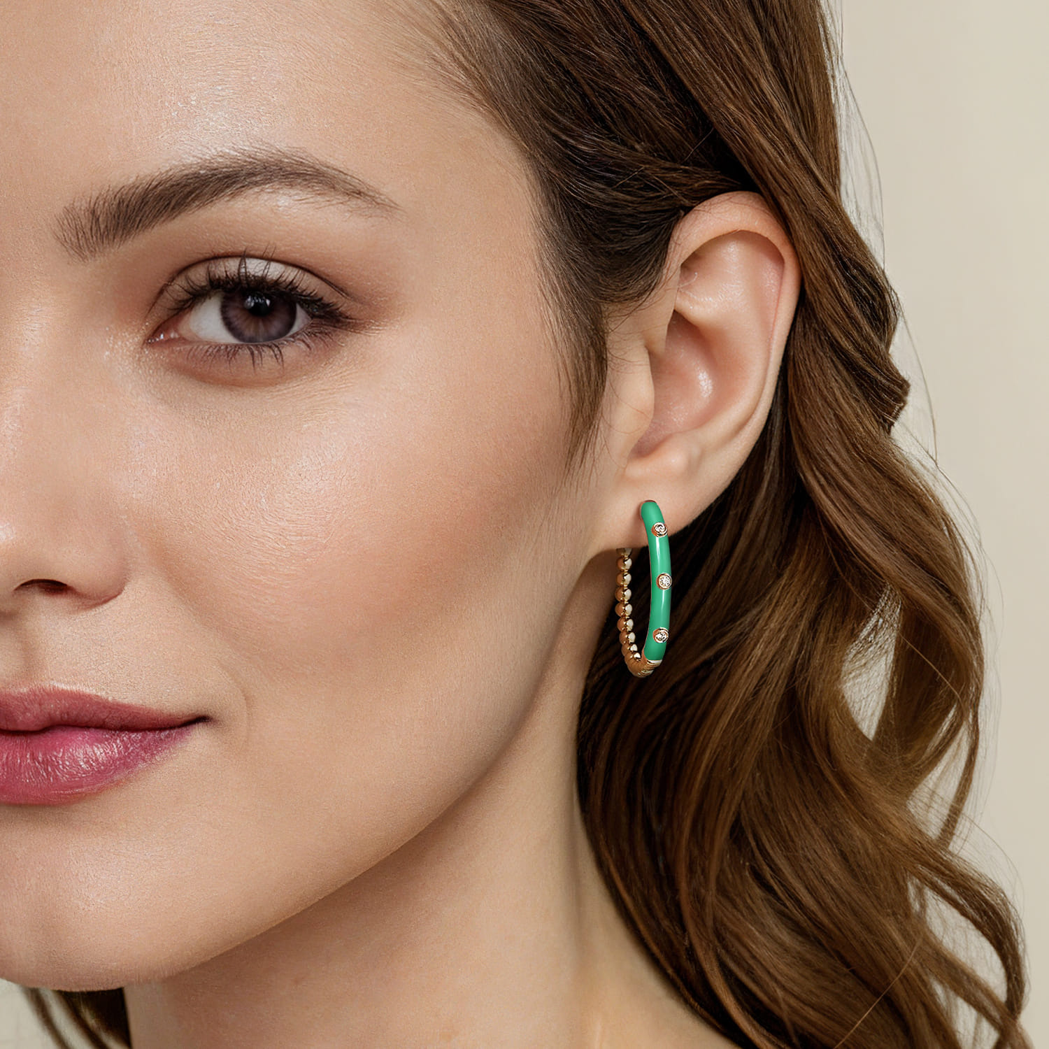 Enamel - 14K Yellow Gold Bujukan Beads and Diamond Split Classic Hoop with Mint Green Enamel - 0.18 ct - Shot 2