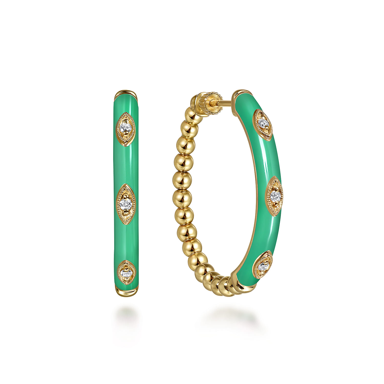 Enamel - 14K Yellow Gold Bujukan Beads and Diamond Split Classic Hoop with Mint Green Enamel - 0.1 ct - Shot 1
