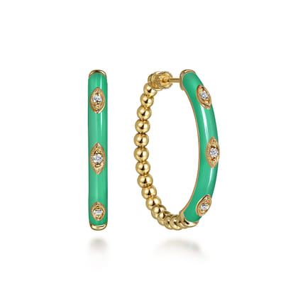 Enamel - 14K Yellow Gold Bujukan Beads and Diamond Split Classic Hoop with Mint Green Enamel