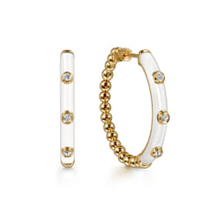 Enamel - 14K Yellow Gold Bujukan Beads and Diamond Split Classic Hoop with White Enamel