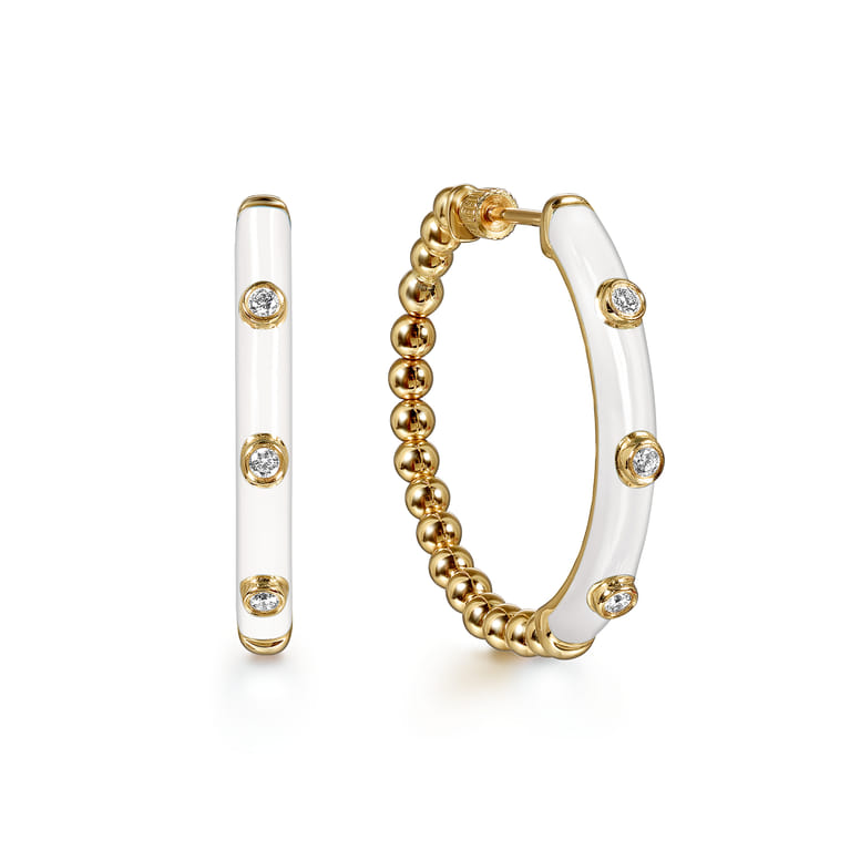 Enamel - 14K Yellow Gold Bujukan Beads and Diamond Split Classic Hoop with White Enamel - 0.18 ct - Shot 1