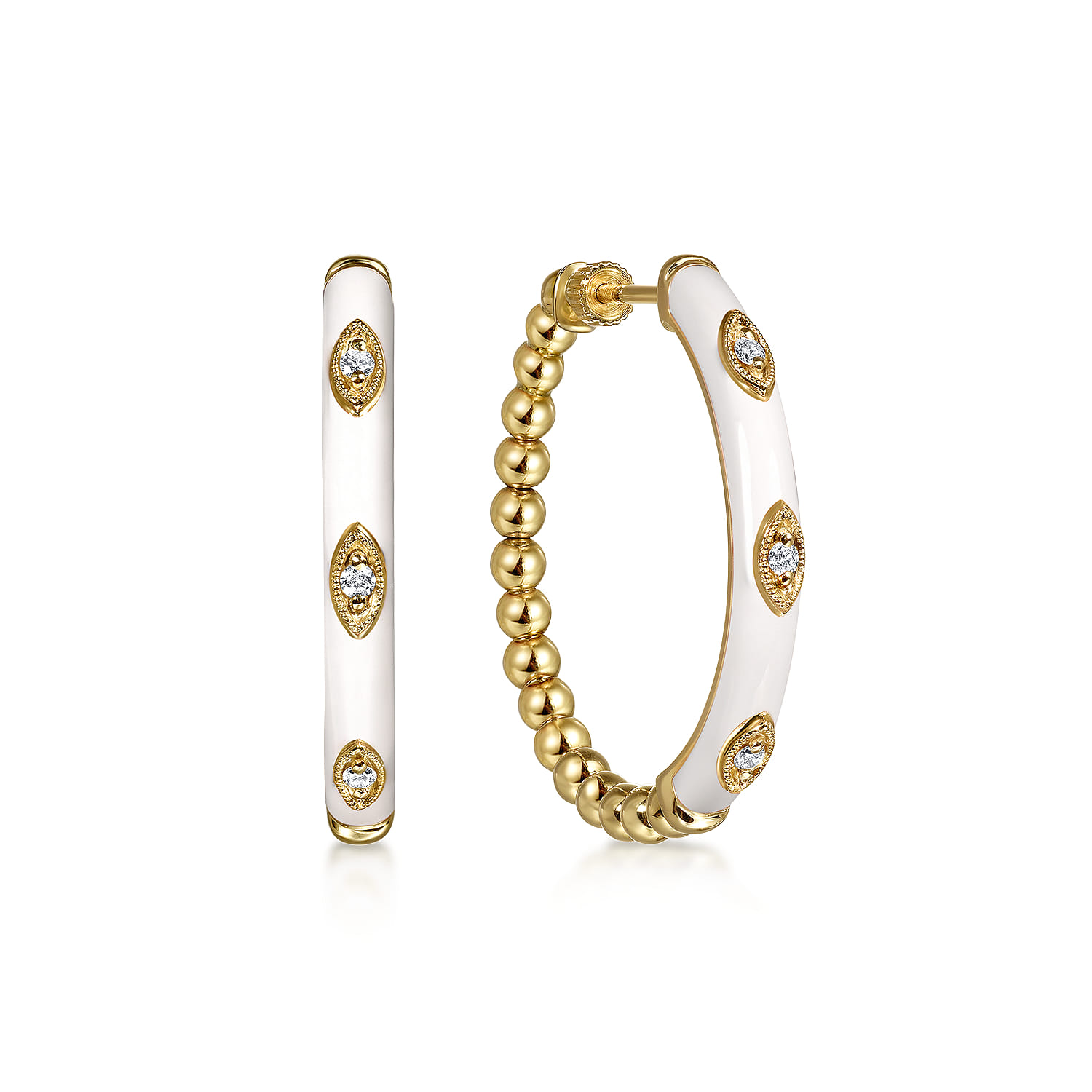 Enamel - 14K Yellow Gold Bujukan Beads and Diamond Split Classic Hoop with White Enamel - 0.1 ct - Shot 1