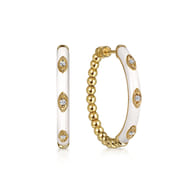 Enamel - 14K Yellow Gold Bujukan Beads and Diamond Split Classic Hoop with White Enamel