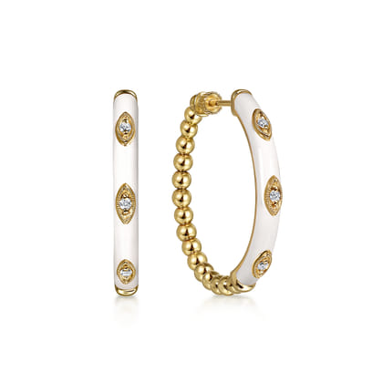 Enamel - 14K Yellow Gold Bujukan Beads and Diamond Split Classic Hoop with White Enamel