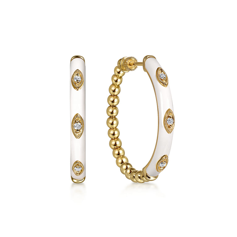 Enamel - 14K Yellow Gold Bujukan Beads and Diamond Split Classic Hoop with White Enamel - 0.1 ct - Shot 1