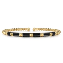 Enamel - 14K Yellow Gold Bujukan Beads and Pyramid Split Bangle with Black Enamel