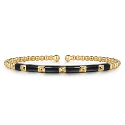 Enamel - 14K Yellow Gold Bujukan Beads and Pyramid Split Bangle with Black Enamel