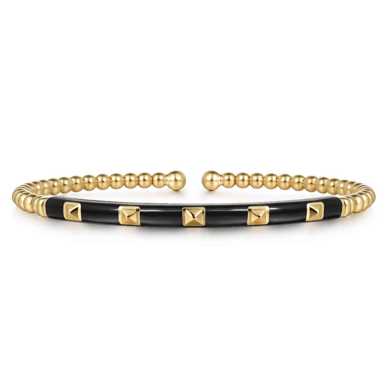 Enamel - 14K Yellow Gold Bujukan Beads and Pyramid Split Bangle with Black Enamel - Shot 1