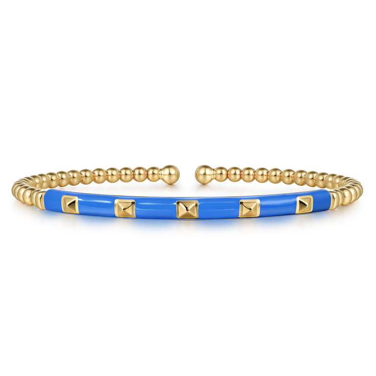 Enamel - 14K Yellow Gold Bujukan Beads and Pyramid Split Bangle with Blue Enamel - Shot 1