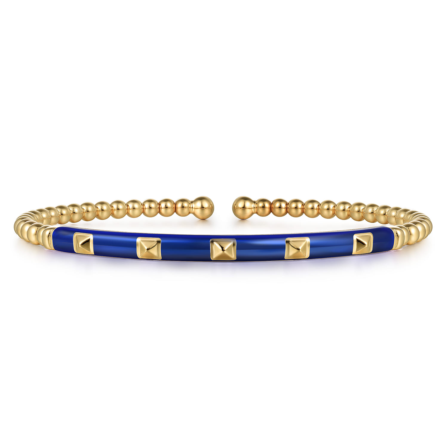 Enamel - 14K Yellow Gold Bujukan Beads and Pyramid Split Bangle with Chrome Blue Enamel - Shot 1
