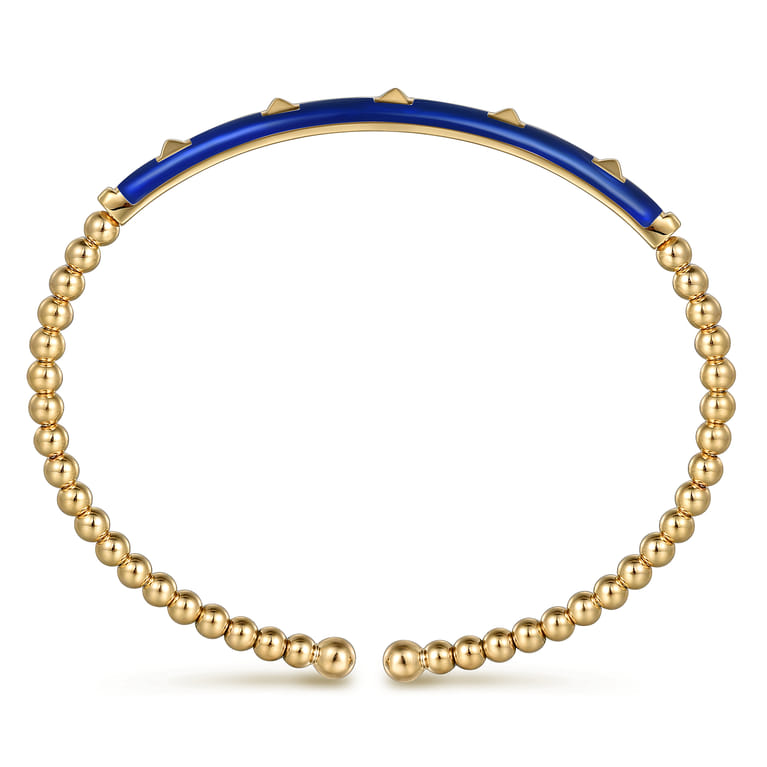 Enamel - 14K Yellow Gold Bujukan Beads and Pyramid Split Bangle with Chrome Blue Enamel - Shot 3