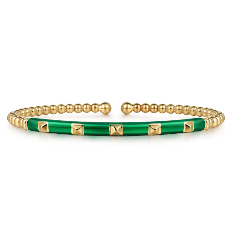 Enamel - 14K Yellow Gold Bujukan Beads and Pyramid Split Bangle with Chrome Green Enamel - Shot 1