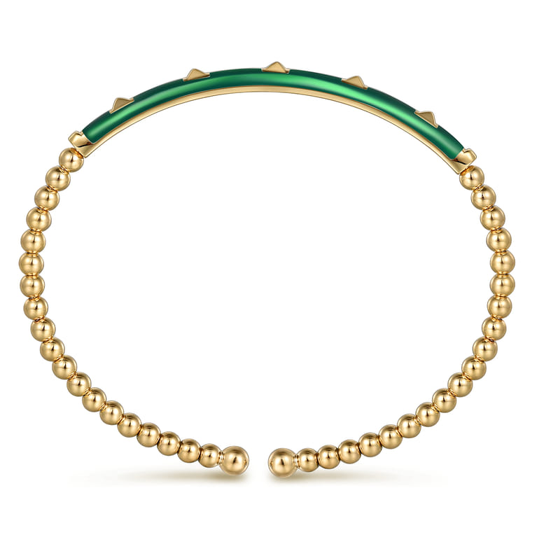 Enamel - 14K Yellow Gold Bujukan Beads and Pyramid Split Bangle with Chrome Green Enamel - Shot 3