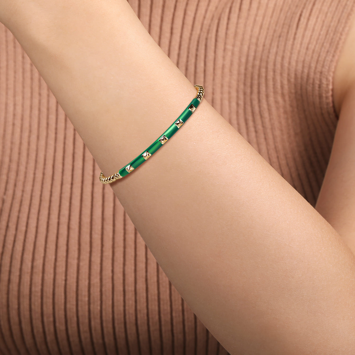 Enamel - 14K Yellow Gold Bujukan Beads and Pyramid Split Bangle with Chrome Green Enamel - Shot 4