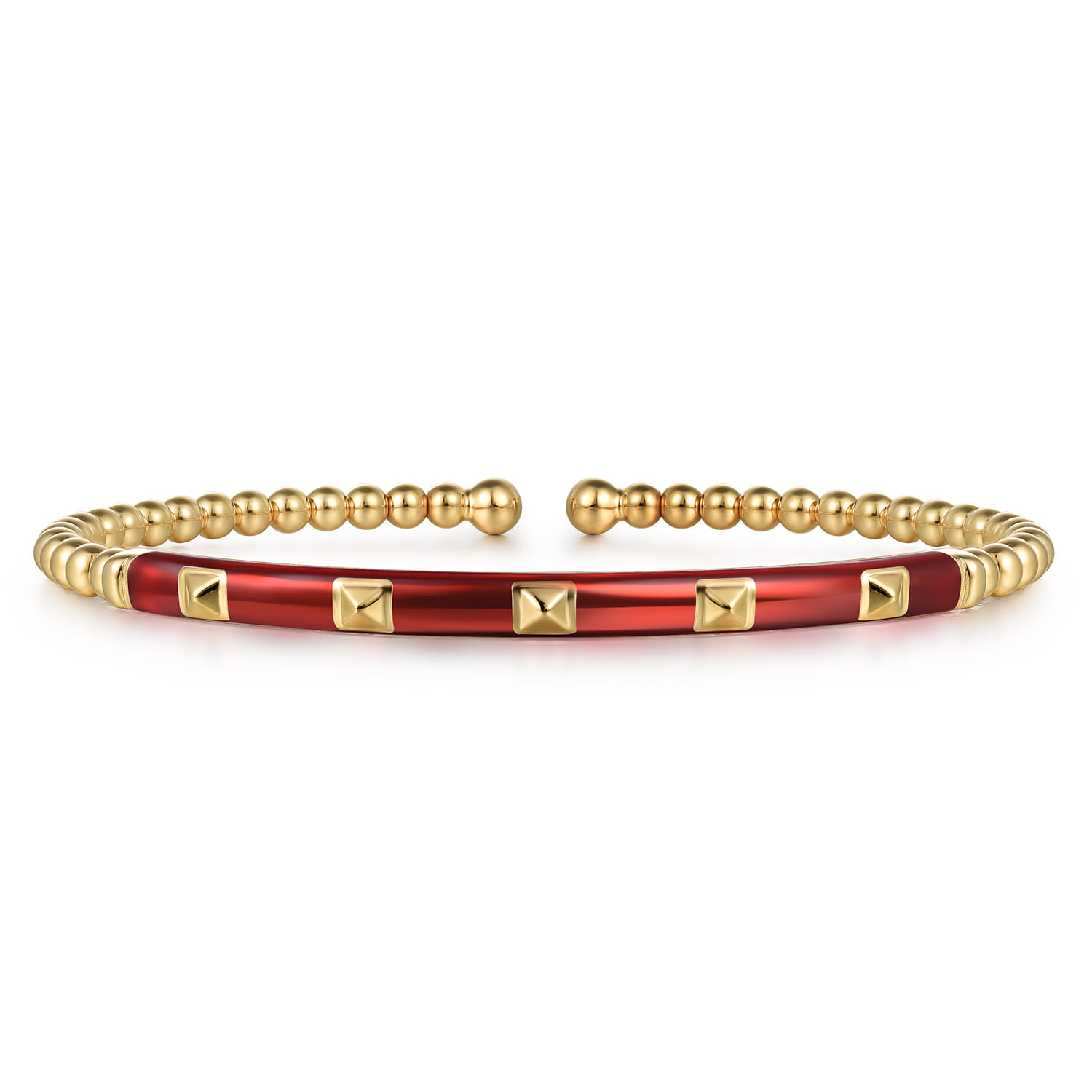 Enamel - 14K Yellow Gold Bujukan Beads and Pyramid Split Bangle with Chrome Red Enamel - Shot 1