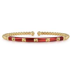 Enamel - 14K Yellow Gold Bujukan Beads and Pyramid Split Bangle with Chrome Red Enamel