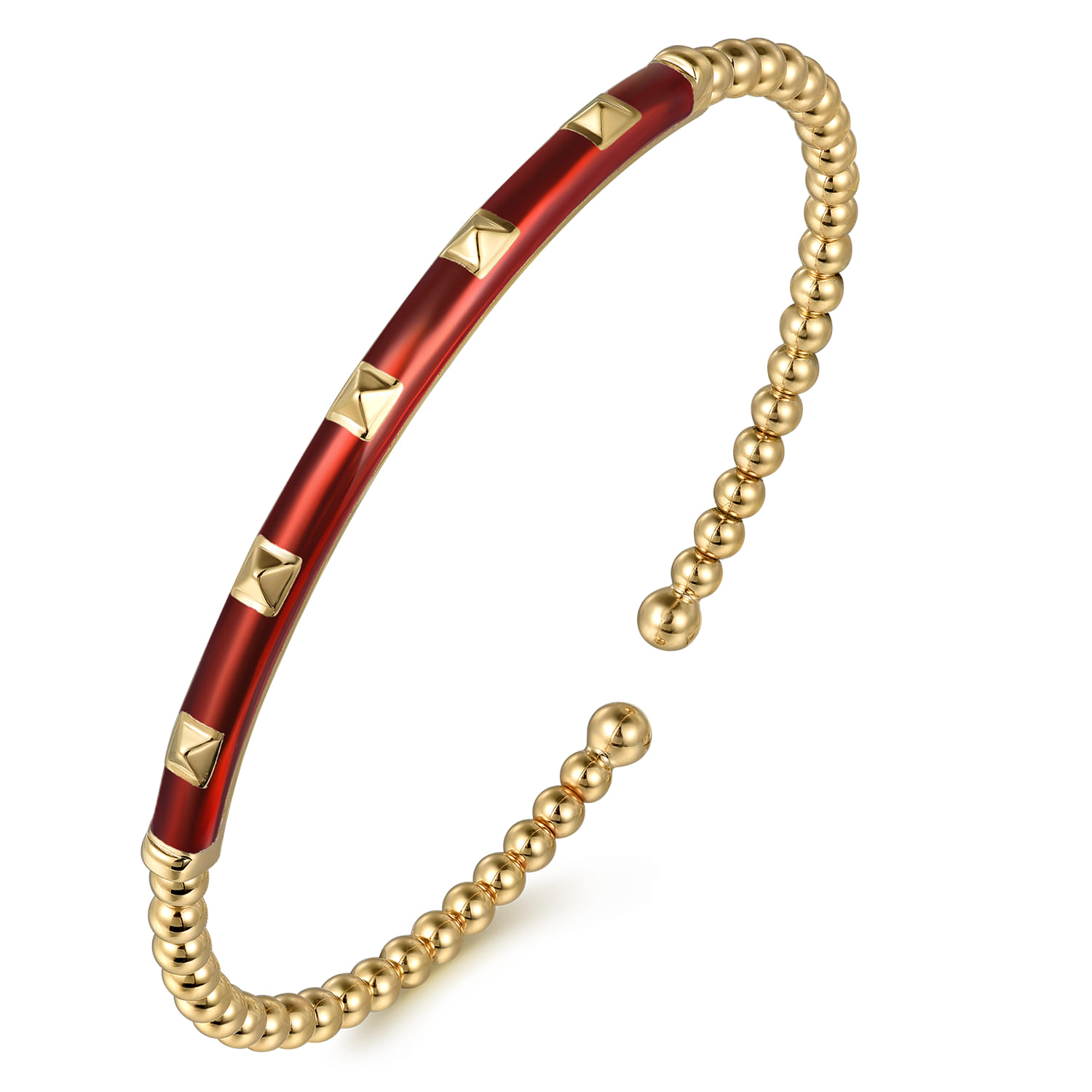 Enamel - 14K Yellow Gold Bujukan Beads and Pyramid Split Bangle with Chrome Red Enamel - Shot 2