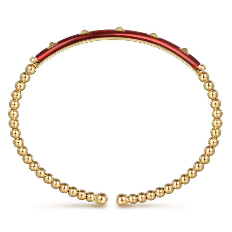 Enamel - 14K Yellow Gold Bujukan Beads and Pyramid Split Bangle with Chrome Red Enamel - Shot 3