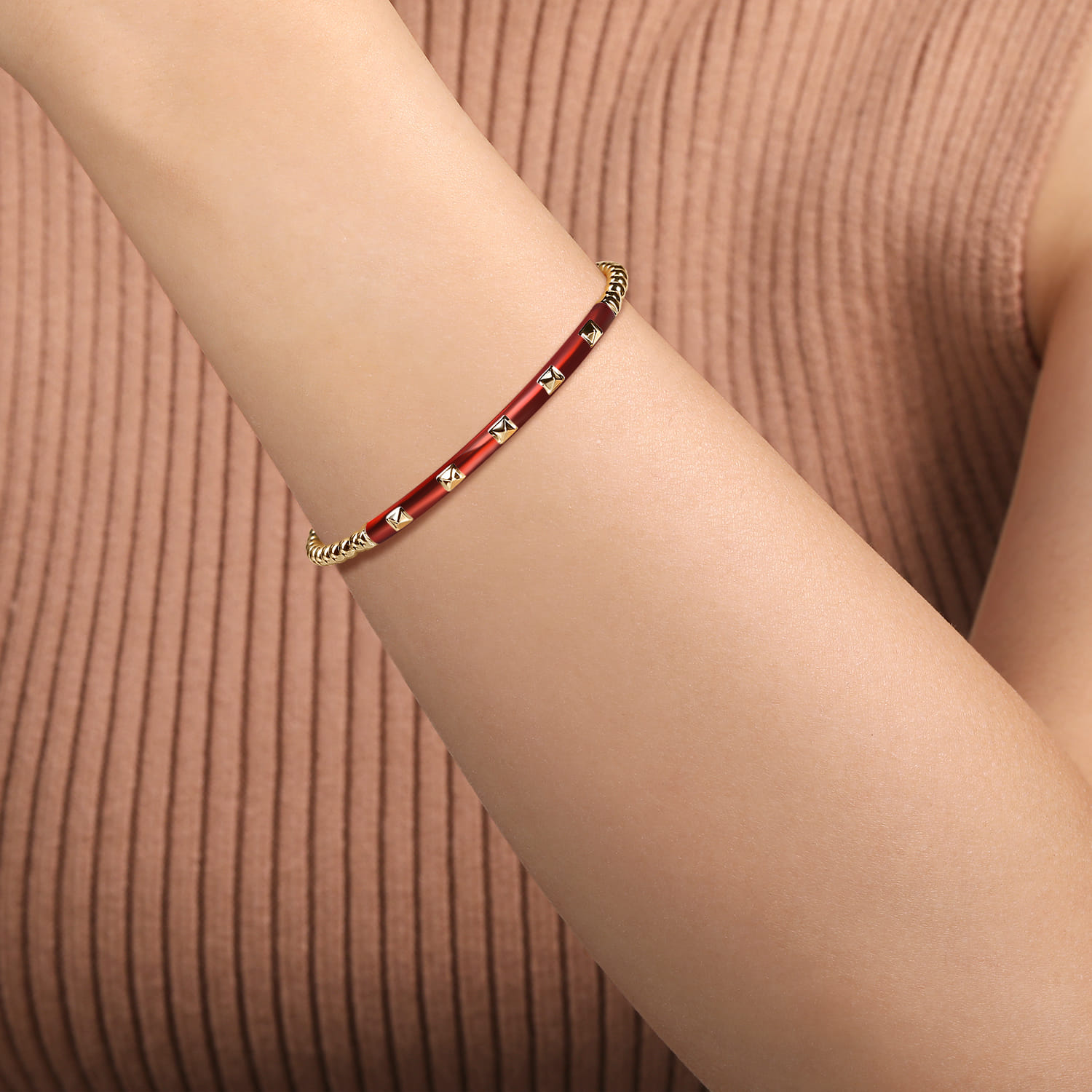 Enamel - 14K Yellow Gold Bujukan Beads and Pyramid Split Bangle with Chrome Red Enamel - Shot 4