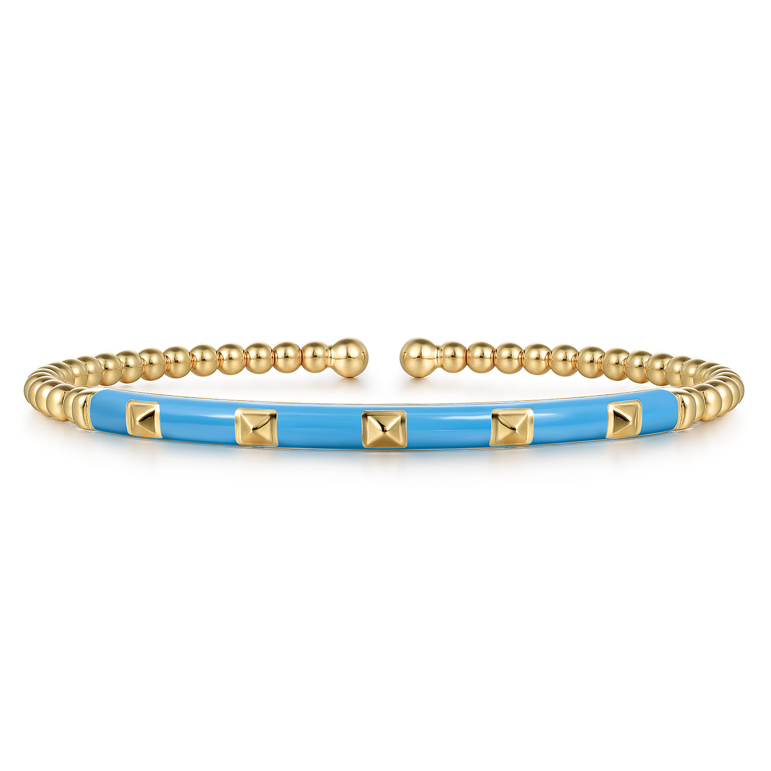 Enamel - 14K Yellow Gold Bujukan Beads and Pyramid Split Bangle with Dusk Blue Enamel - Shot 1