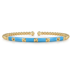 Enamel - 14K Yellow Gold Bujukan Beads and Pyramid Split Bangle with Dusk Blue Enamel