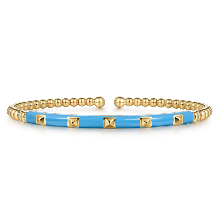 Enamel - 14K Yellow Gold Bujukan Beads and Pyramid Split Bangle with Dusk Blue Enamel - Shot 1