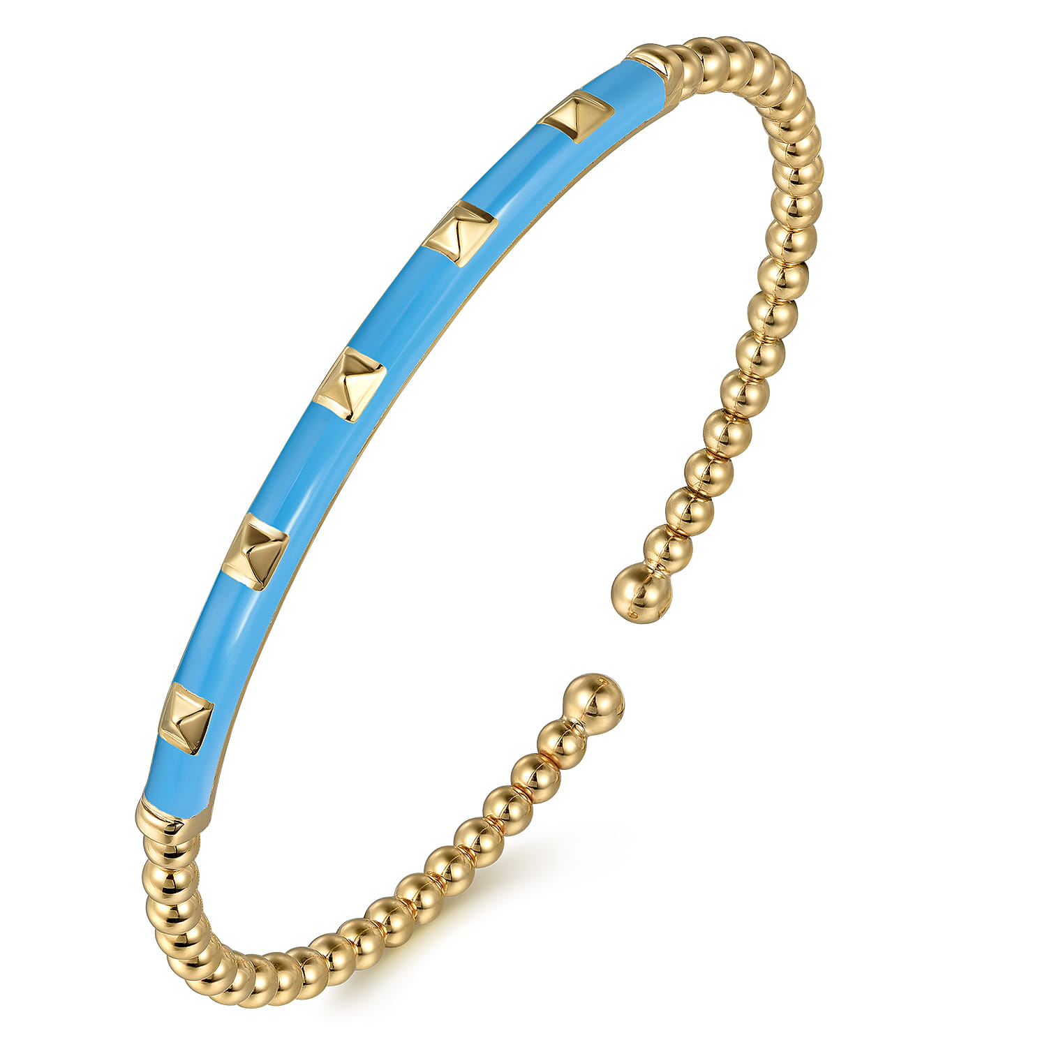Enamel - 14K Yellow Gold Bujukan Beads and Pyramid Split Bangle with Dusk Blue Enamel - Shot 2