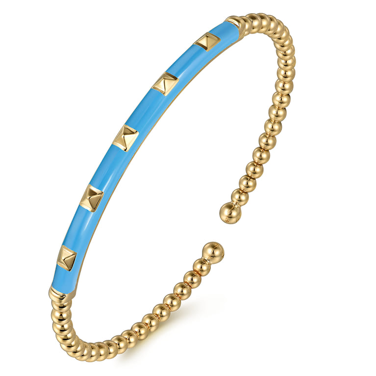 Enamel - 14K Yellow Gold Bujukan Beads and Pyramid Split Bangle with Dusk Blue Enamel - Shot 2