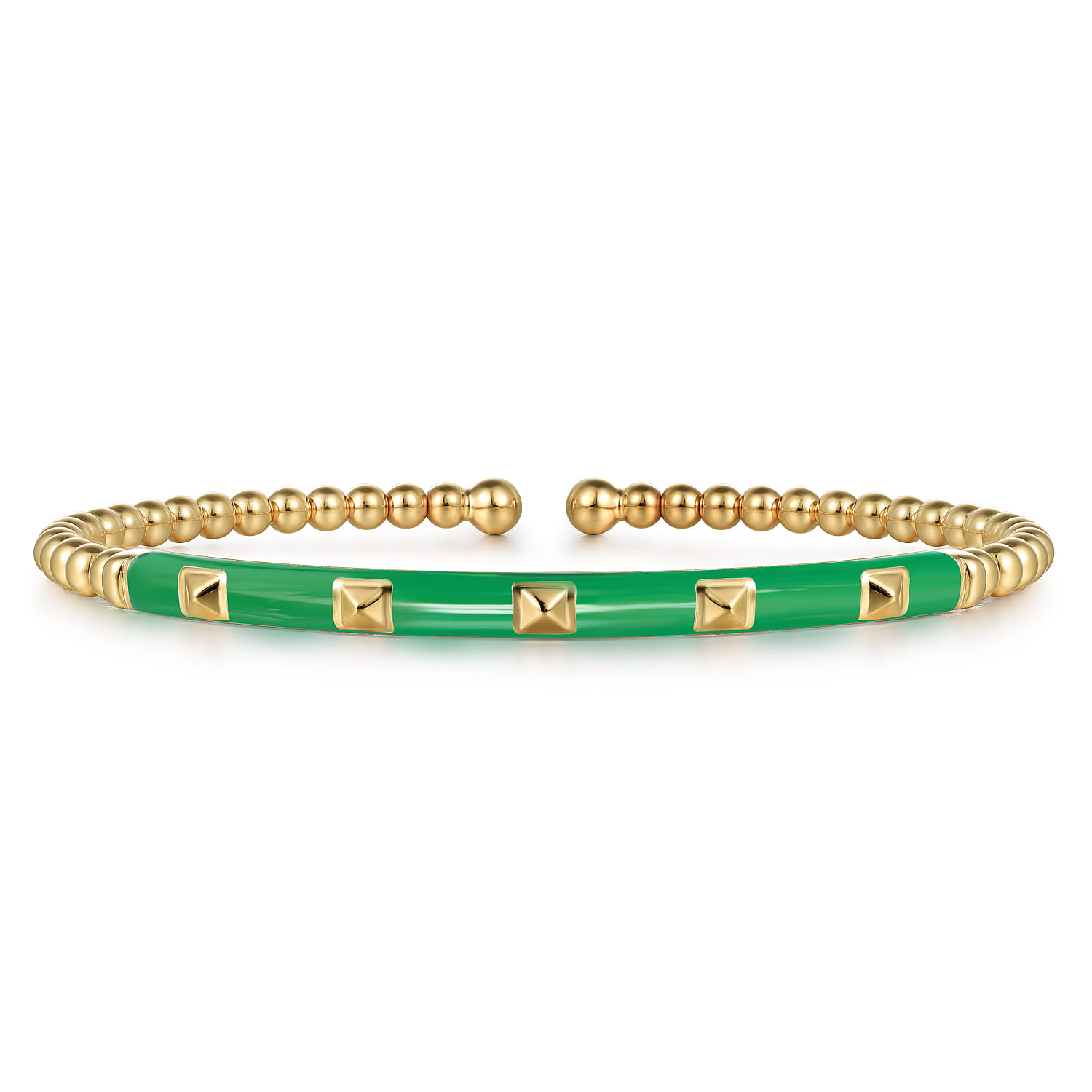 Enamel - 14K Yellow Gold Bujukan Beads and Pyramid Split Bangle with Emerald Green Enamel - Shot 1