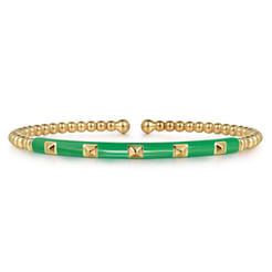 Enamel - 14K Yellow Gold Bujukan Beads and Pyramid Split Bangle with Emerald Green Enamel