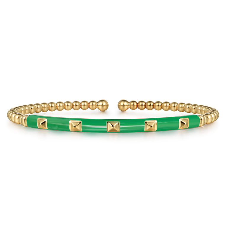 Enamel - 14K Yellow Gold Bujukan Beads and Pyramid Split Bangle with Emerald Green Enamel - Shot 1