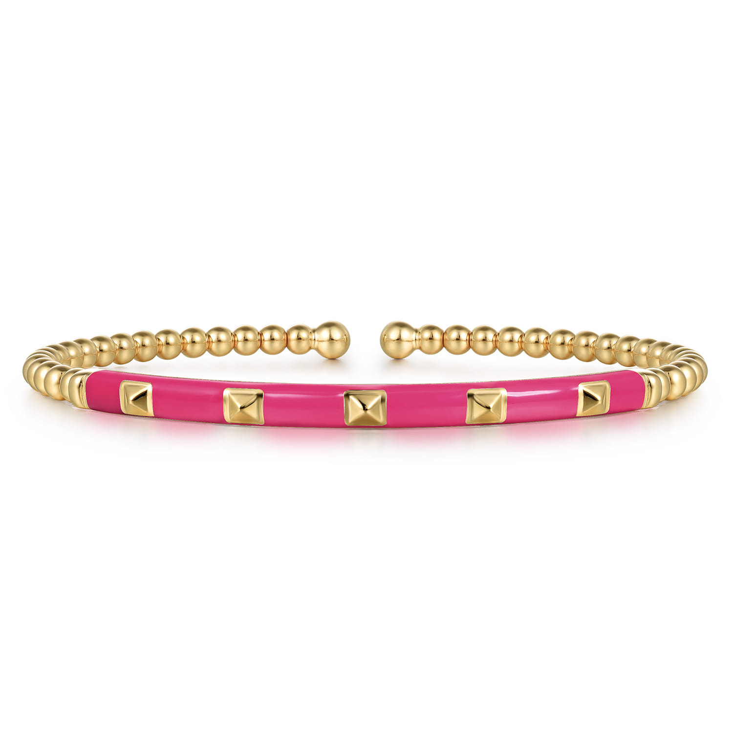 Enamel - 14K Yellow Gold Bujukan Beads and Pyramid Split Bangle with Fuchsia Enamel - Shot 1