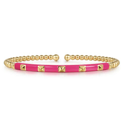Enamel - 14K Yellow Gold Bujukan Beads and Pyramid Split Bangle with Fuchsia Enamel