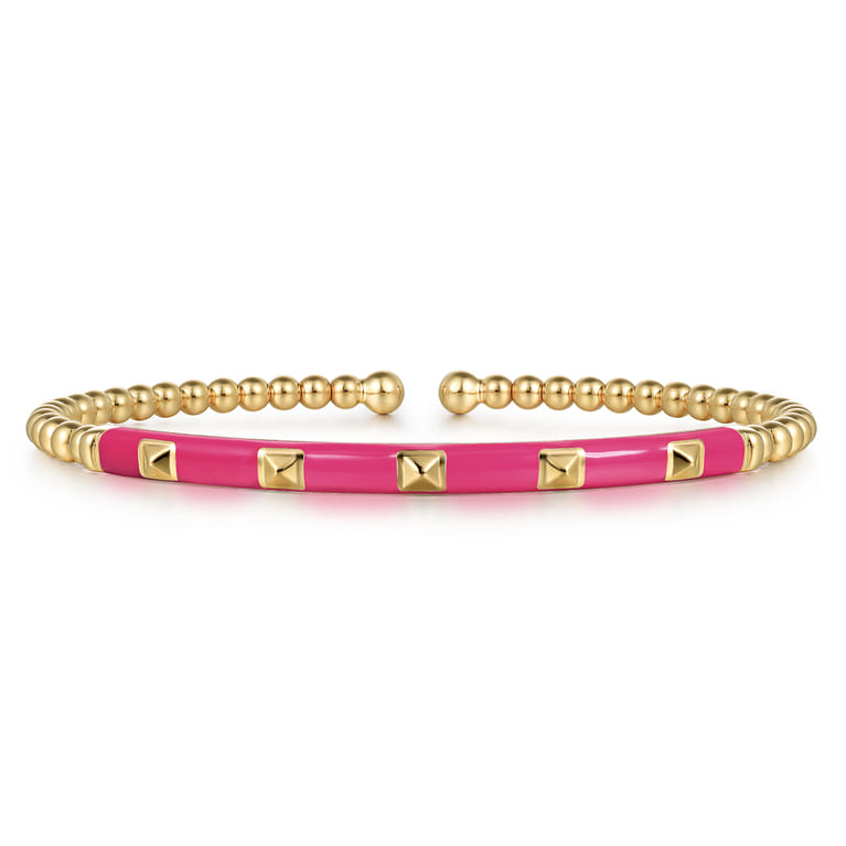 Enamel - 14K Yellow Gold Bujukan Beads and Pyramid Split Bangle with Fuchsia Enamel - Shot 1