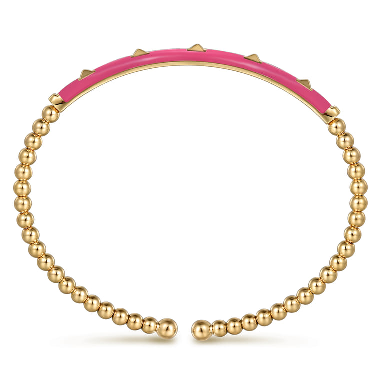 Enamel - 14K Yellow Gold Bujukan Beads and Pyramid Split Bangle with Fuchsia Enamel - Shot 3