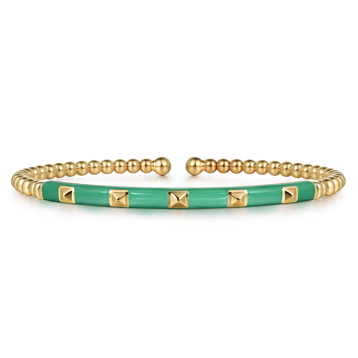 Enamel - 14K Yellow Gold Bujukan Beads and Pyramid Split Bangle with Mint Green Enamel - Shot 1