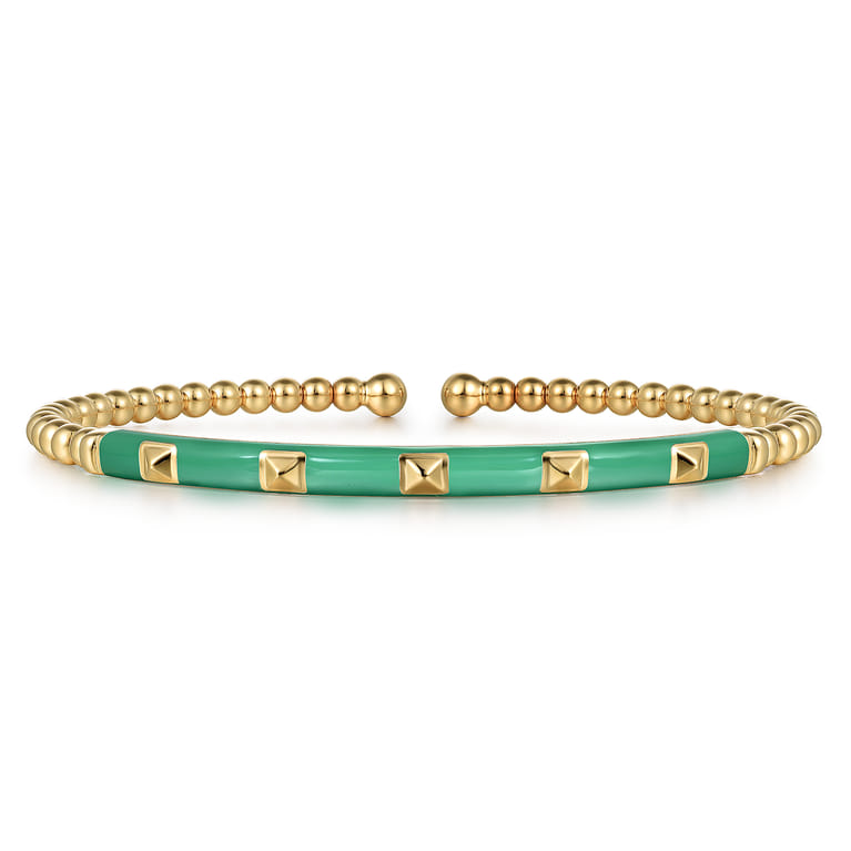 Enamel - 14K Yellow Gold Bujukan Beads and Pyramid Split Bangle with Mint Green Enamel - Shot 1