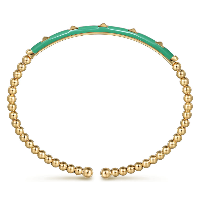 Enamel - 14K Yellow Gold Bujukan Beads and Pyramid Split Bangle with Mint Green Enamel - Shot 3
