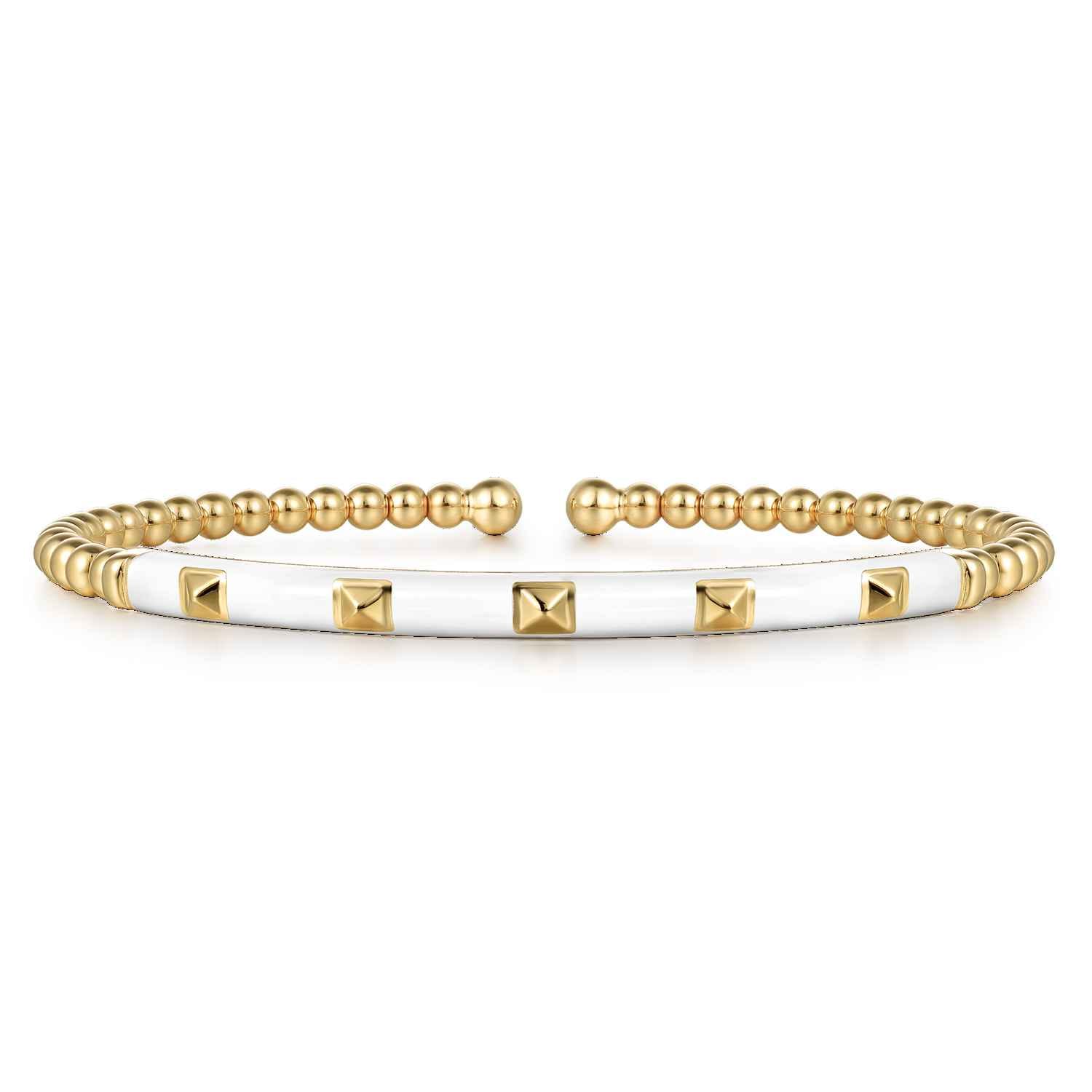 Enamel - 14K Yellow Gold Bujukan Beads and Pyramid Split Bangle with White Enamel - Shot 1