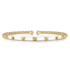 Enamel - 14K Yellow Gold Bujukan Beads and Pyramid Split Bangle with White Enamel