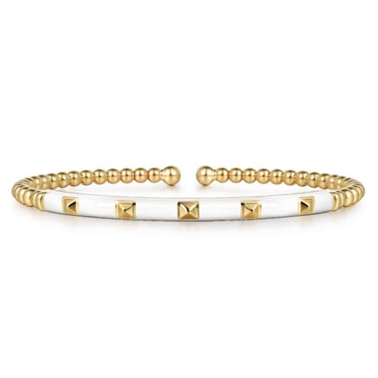 Enamel - 14K Yellow Gold Bujukan Beads and Pyramid Split Bangle with White Enamel