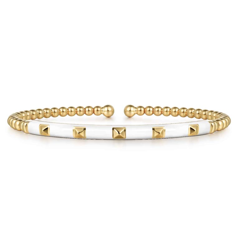 Enamel - 14K Yellow Gold Bujukan Beads and Pyramid Split Bangle with White Enamel - Shot 1