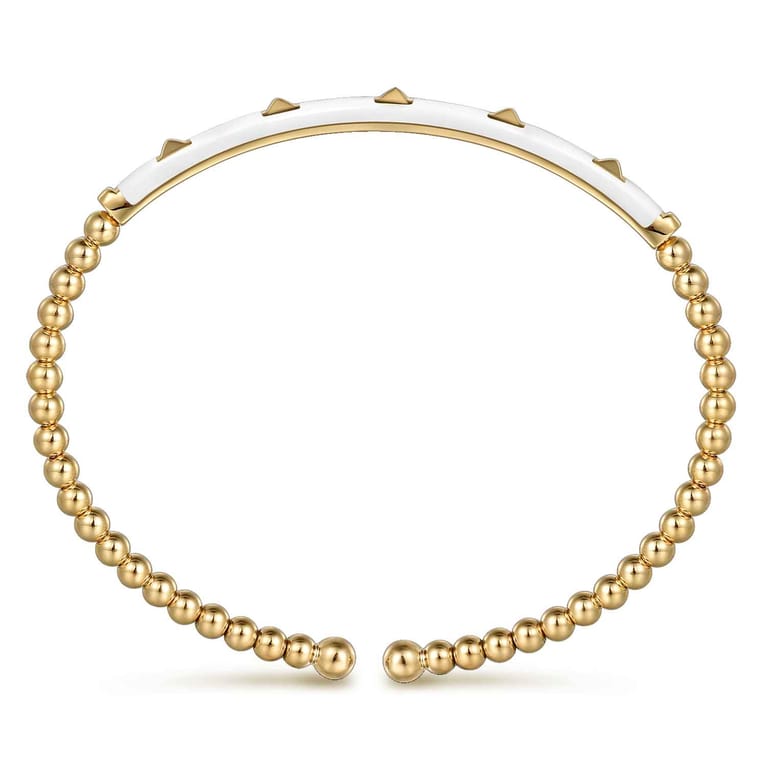 Enamel - 14K Yellow Gold Bujukan Beads and Pyramid Split Bangle with White Enamel - Shot 3
