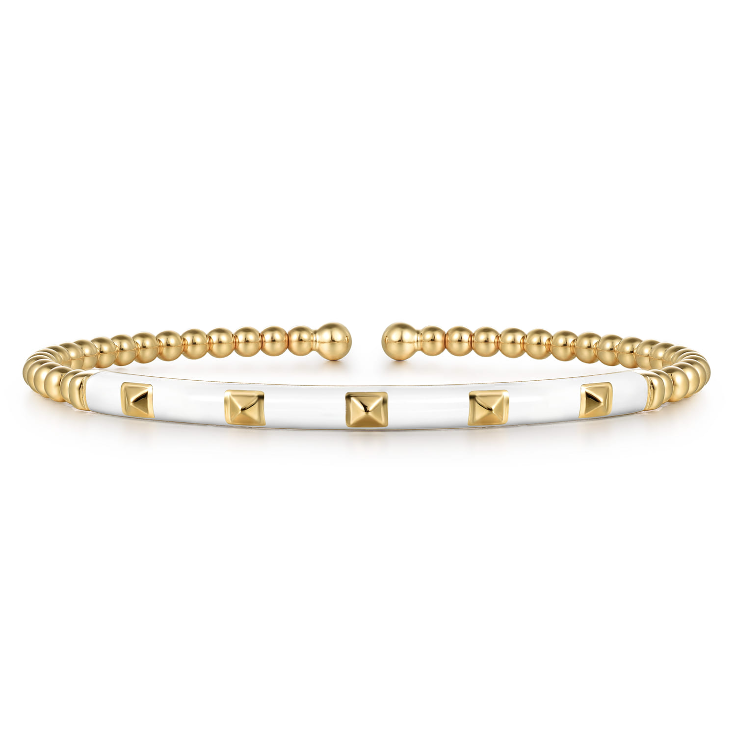Enamel - 14K Yellow Gold Bujukan Beads and Pyramid Split Bangle with White Enamel