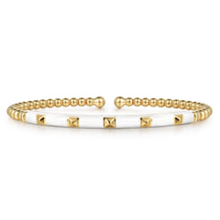 Enamel - 14K Yellow Gold Bujukan Beads and Pyramid Split Bangle with White Enamel