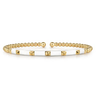 Enamel - 14K Yellow Gold Bujukan Beads and Pyramid Split Bangle with White Enamel