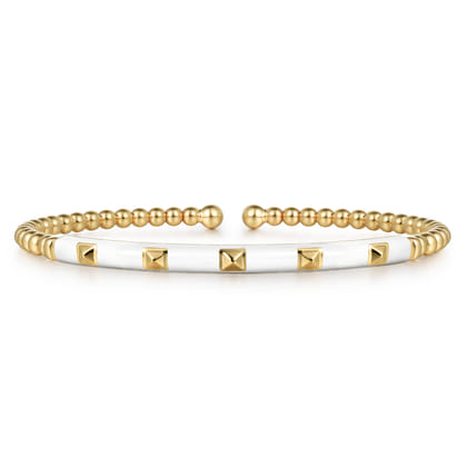 Enamel - 14K Yellow Gold Bujukan Beads and Pyramid Split Bangle with White Enamel