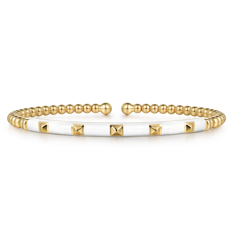 Enamel - 14K Yellow Gold Bujukan Beads and Pyramid Split Bangle with White Enamel - Shot 1